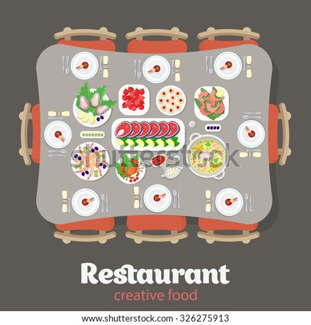 Restaurant flat style design vector graphic top view elements set. Lobster Fish steak Shrimps Oysters Caviar Soup Sausage Meat food Desert Cake Plates Soy sauce icon illustrations collection.