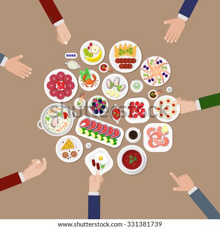 Restaurant flat style design vector graphic top view elements set. Japanese Lobster Fish steak Shrimps Oysters Caviar Soup Sausage Meat food Desert Cake Plates Soy sauce icon illustrations collection.