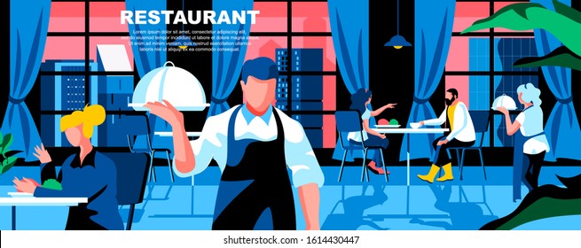 Restaurant flat vector landing page template. Luxury city cafe contemporary interior banner layout with header. Customers characters waiting food roder cartoon illustration with text space