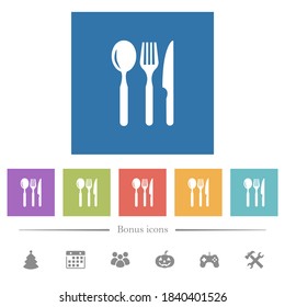 Restaurant flat white icons in square backgrounds. 6 bonus icons included.