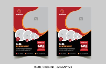 Restaurant flyer decoration with a food menu and discount offer section. Restaurant poster design with photo placeholders
