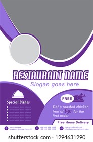 Restaurant flyer purple template. Vector illustration.