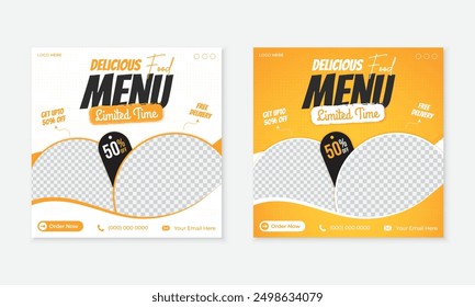 Plantilla de diseño de post de redes sociales, Plantilla totalmente editable para promoción y comercialización de menús de bebidas de comida rápida, póster cuadrado amarillo abstracto del Anuncio para los anuncios del Sitio web