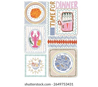 Restaurant food artwork. Food stall t shirt artwork. Eat more food. Dinner club print design. Pasta, sardines, oyster, lobster and ramen poster design.