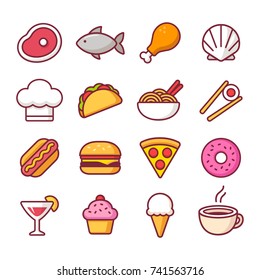 Restaurant food bright cartoon icon set, different cuisines. Meat and seafood, drinks and desserts, ethnic dishes and fast food. Isolated vector illustration.