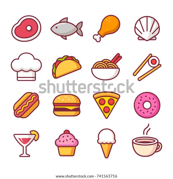 Restaurant Essen Helle Cartoon Symbol Set Stock Vektorgrafik Lizenzfrei