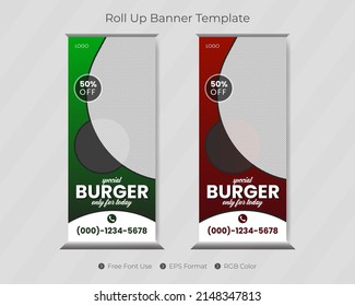 Restaurant or food burger roll up banner template and pull up menu design