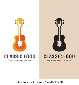  Restaurant Food With Classic Music Song Logo. Dinner With Music Logo Design Vector Template