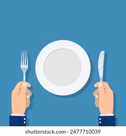 Restaurant and Food concept. hands holding knife and fork and Empty plate. Top view. Vector illustration flat design.