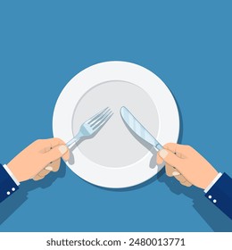 Concepto de restaurante y comida. manos sosteniendo cuchillo y tenedor y plato vacío. Vista superior. Diseño plano de Ilustración vectorial.