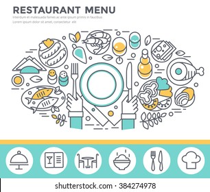 Restaurant food concept illustration, thin line flat design