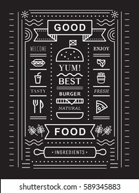 Restaurant food concept illustration, thin line flat design. Food vector flat icons set. Fast food. Food for breakfast. Menu design or banner.