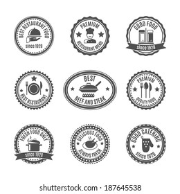 Restaurant food and cooking labels set with cooking symbols isolated vector illustration