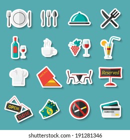 Restaurant food cooking and serving stickers set with menu wine table isolated vector illustration