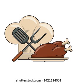 restaurant food and cuisine chef hat, crossed kitchen spatula and big fork and roaster chicken icon cartoons vector illustration graphic design