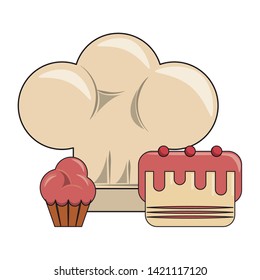 restaurant food and cuisine chef hat, cake with cherries and muffin icon cartoons vector illustration graphic design