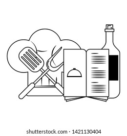 restaurant food and cuisine chef hat, menu and crossed kitchen spatula and big fork icon cartoons in black and white vector illustration graphic design