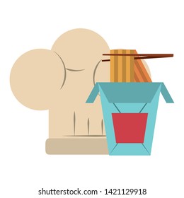 restaurant food and cuisine with chinese food with chopstisk and a chef hat icon cartoons vector illustration graphic design