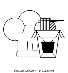 restaurant food and cuisine with chinese food with chopstisk and a chef hat icon cartoons in black and white vector illustration graphic design