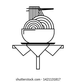 restaurant food and cuisine with chinese food, spaghetti on a bowl over a table icon cartoons in black and white vector illustration graphic design