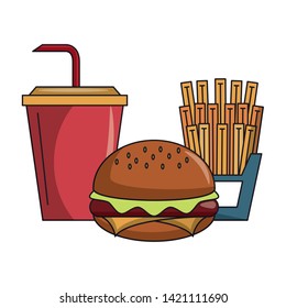 restaurant food and cuisine hamburger, french fries and soda cup icon cartoons vector illustration graphic design
