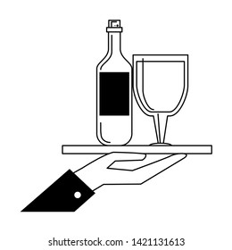 restaurant food and cuisine hand holding a bottle and glass with wine icon cartoons in black and white vector illustration graphic design