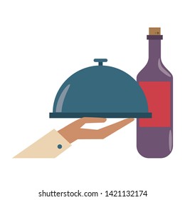 restaurant food and cuisine hand holding a food tray and glass with wine icon cartoons vector illustration graphic design
