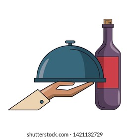 restaurant food and cuisine hand holding a food tray and glass with wine icon cartoons vector illustration graphic design