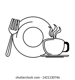 restaurant food and cuisine plate with coffee cup and fork icon cartoons in black and white vector illustration graphic design