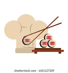 restaurant food and cuisine sushi with chopstick and a chef hat icon cartoons vector illustration graphic design