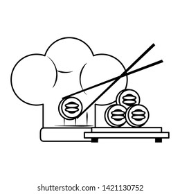 restaurant food and cuisine sushi with chopstick and a chef hat icon cartoons in black and white vector illustration graphic design