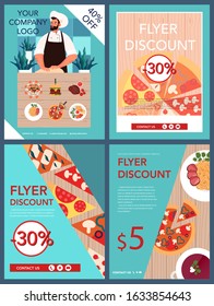 Restaurant and food delivery advert discount flyer set. Pizza and Sushi. Tasty food for breakfast, lunch and dinner. Food delivery booklet or banner. Isolated vector illustration