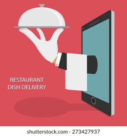 Restaurant Food Delivery Concept Flat Vector Illustration. Hand Of Water With Dish And Towel Appeared From Smartphone or Tablet.