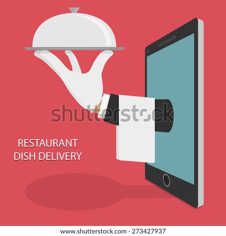 Restaurant Food Delivery Concept Flat Vector Illustration. Hand Of Water With Dish And Towel Appeared From Smartphone or Tablet.