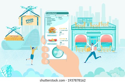 Restaurant Food Delivery Concept. Hand Holding Mobile Phone with Dishes Ordering Application. Flying Quadrocopter Carrying Meal Package and Pizza Box. People Rejoice, Jumping, Vector Illustration