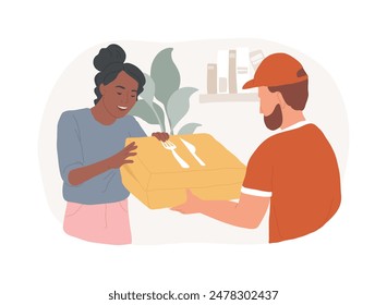 Restaurant food delivery isolated cartoon vector illustrations. Woman receiving an online food order from a delivery service, buying restaurant food and drinks via internet vector cartoon.