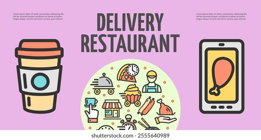 Restaurant Food Delivery Service Concept Horizontal Placard Poster Banner Card Template with Coffee Drink and Chicken. Vector illustration