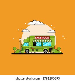 Restaurant food delivery truck with meal icons illustration. fast food icon concept isolated. flat cartoon style vector