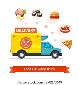 Restaurant Food Delivery Truck With Meal Icons. Flat Vector Icons Isolated On White Background.