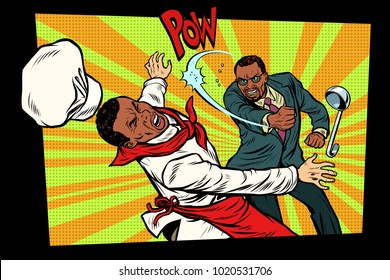 restaurant food. Dissatisfied man fights with the cook. Bad food, dissatisfied customer. Pop art retro vector illustration hand drawn comic cartoon