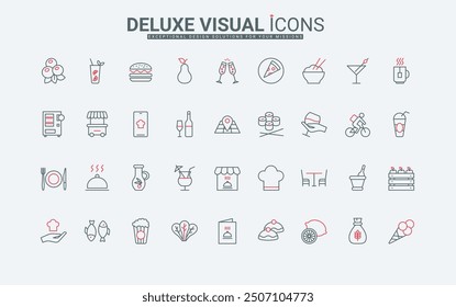 Restaurant food and drink, kitchen supplies and service line icons set. Chefs food and cake menu, order in mobile app and delivery, banquet thin black and red outline symbols vector illustration