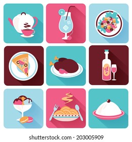 Restaurant food drink menu dishes decorative icons flat set isolated vector illustration