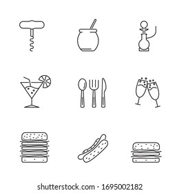 Restaurant, food, drinks, burger, fork, food truck, line icons. The illustrations are vector, editable stroke. Made with precision and attention to quality. Resources for ui ux web design, mobile apps