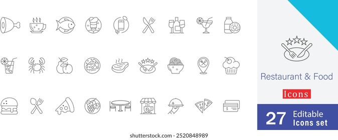 Restaurant and food editable outline icons set. containing drink, coffee, tea, wine,  knife, spoon, menu,  breakfast and more stroke icons