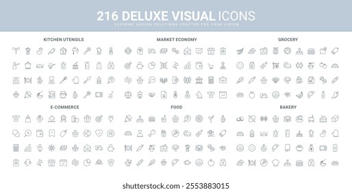 Restaurant food, grocery store and bakery products, trends and support of online commerce line icon set. Market economy, kitchen equipment for cooking thin black outline symbols vector illustration