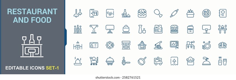 Restaurant and Food icon collection. Includes icons for service, cake, dish, beer, cup, hot, glass, wine. Pixel perfect. Minimalist vector outline icons collection.