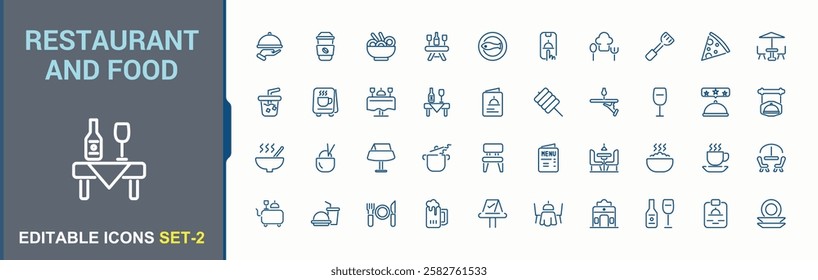 Restaurant and Food icon collection. Includes icons for service, cake, dish, beer, cup, hot, glass, wine. Pixel perfect. Minimalist vector outline icons collection.