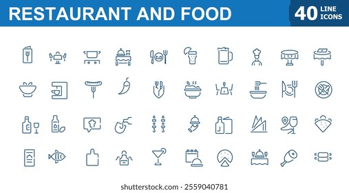 Restaurant and food icon pack. Menu, food and drink, seafood, breakfast, dinner line icon set. Outline icons set. Editable vector icon and illustration.