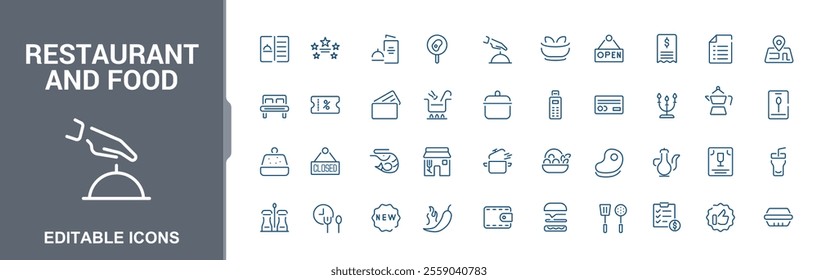 Restaurant and food icon pack. Menu, food and drink, seafood, breakfast, dinner line icon set. Outline icons set. Editable vector icon and illustration.