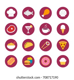Restaurant food icon set. Dishes and cuisines, types of food and drinks. Flat cartoon vector style illustration.
